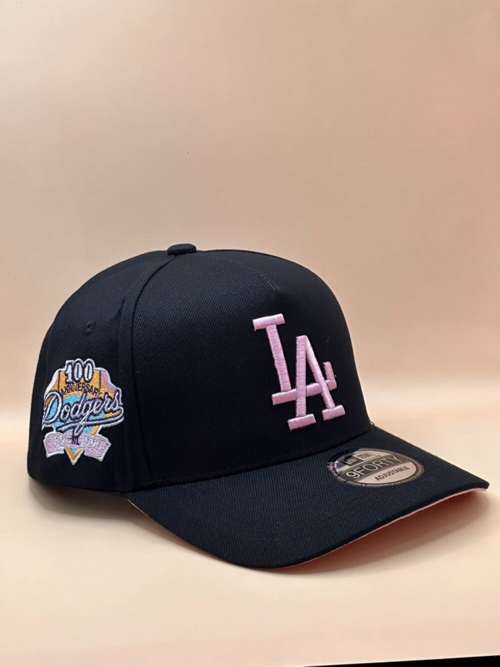 New Era LA Dodgers 100th Anniversary 9FORTY Adjustable Hat Black Pink Side Patch